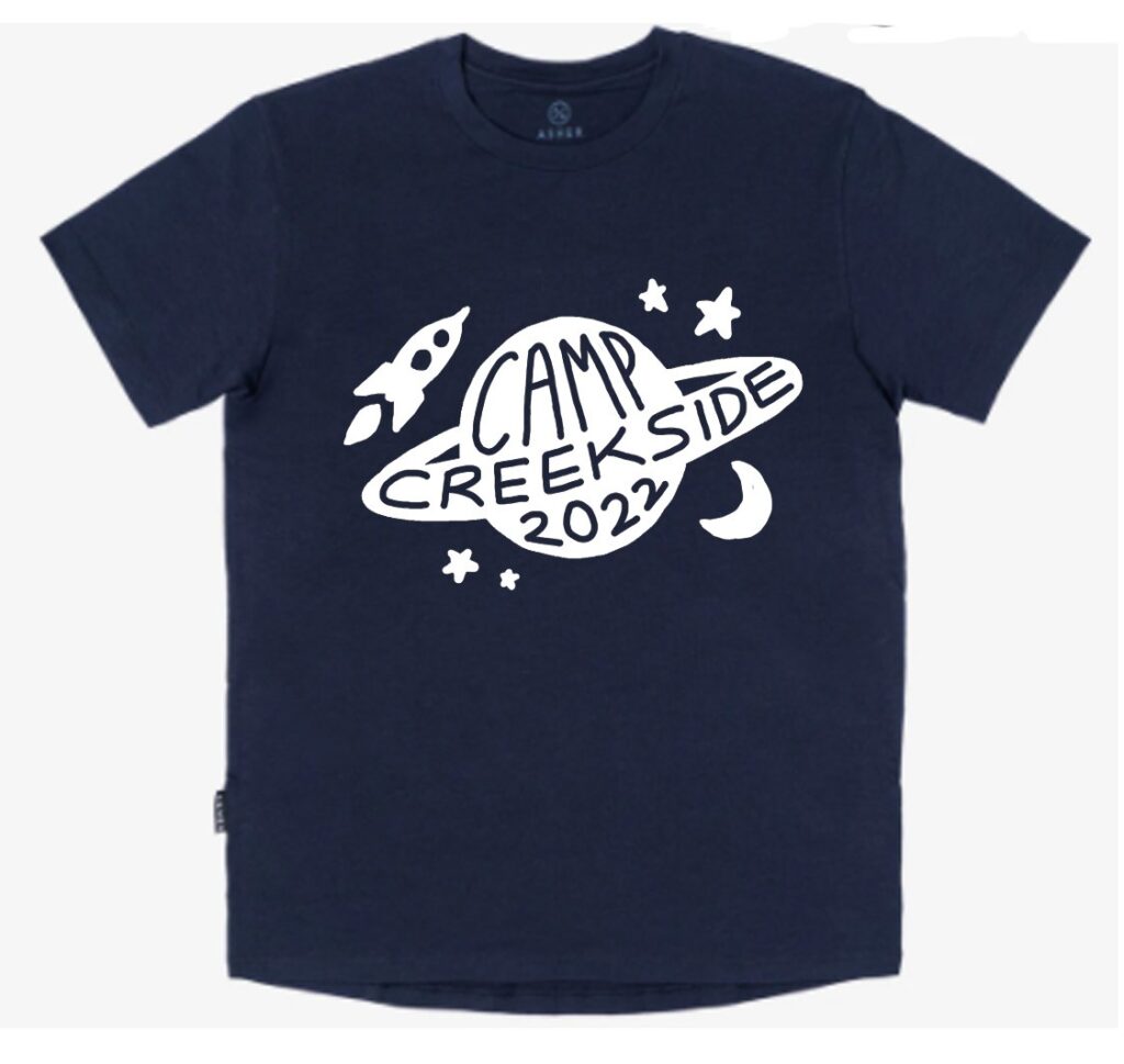 Navy shirt with white camp logo printed on