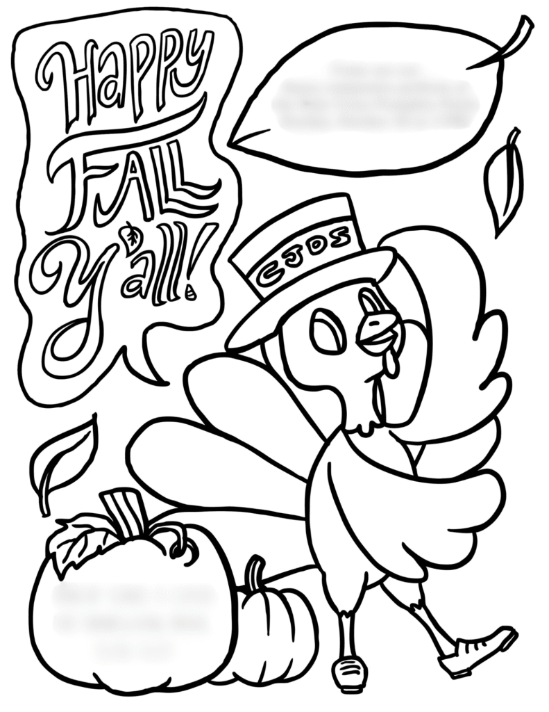 Tap dancing turkey saying happy fall with leaves and pumpkin in background
