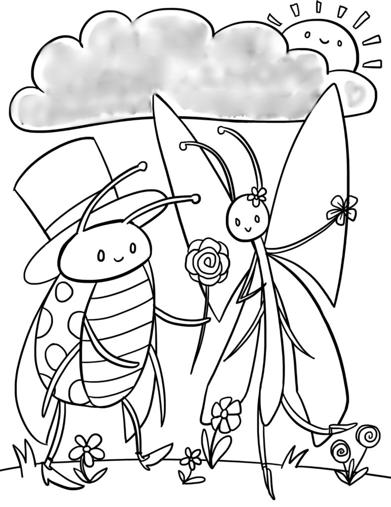 Ladybug and butterfly dancers holding spring flowers under a cloud coloring page