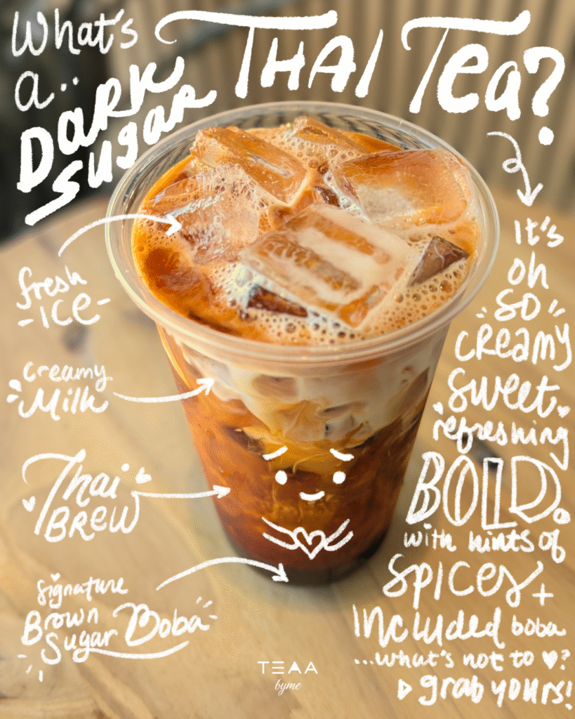 Ingredients that go into a Thai Milk Tea social media graphic doodle style
