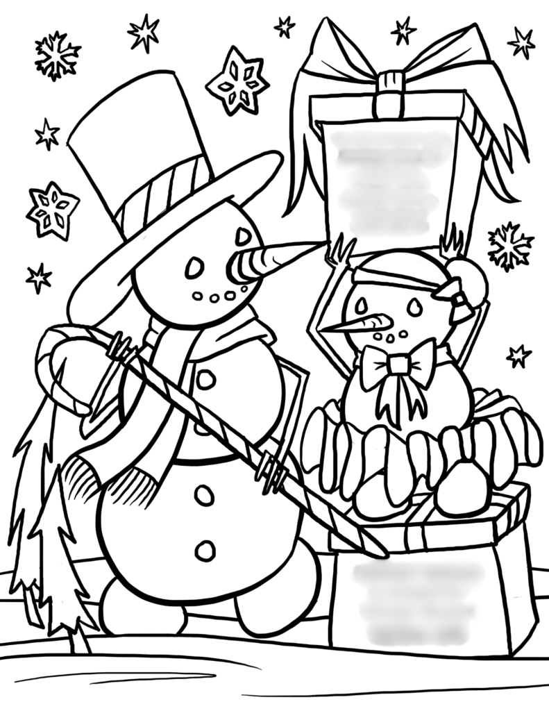 Two snowmen holding gifts and candy in snowy scene coloring page
