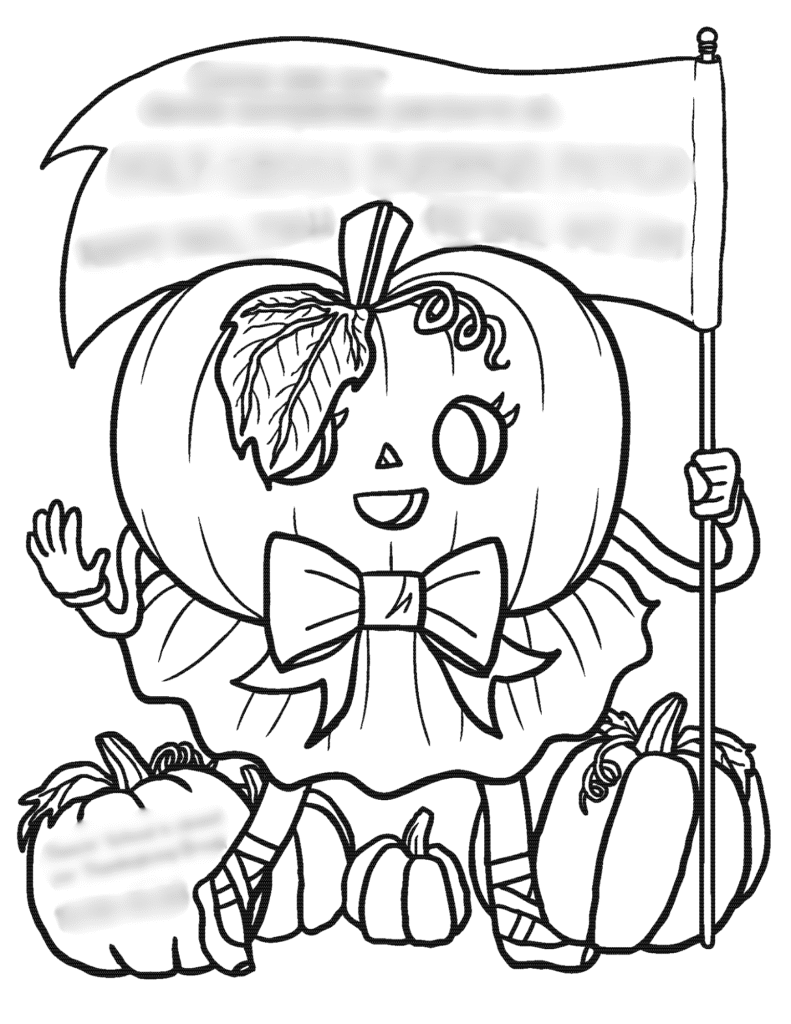 Ballerina pumpkin holding a flag with blurred text coloring page