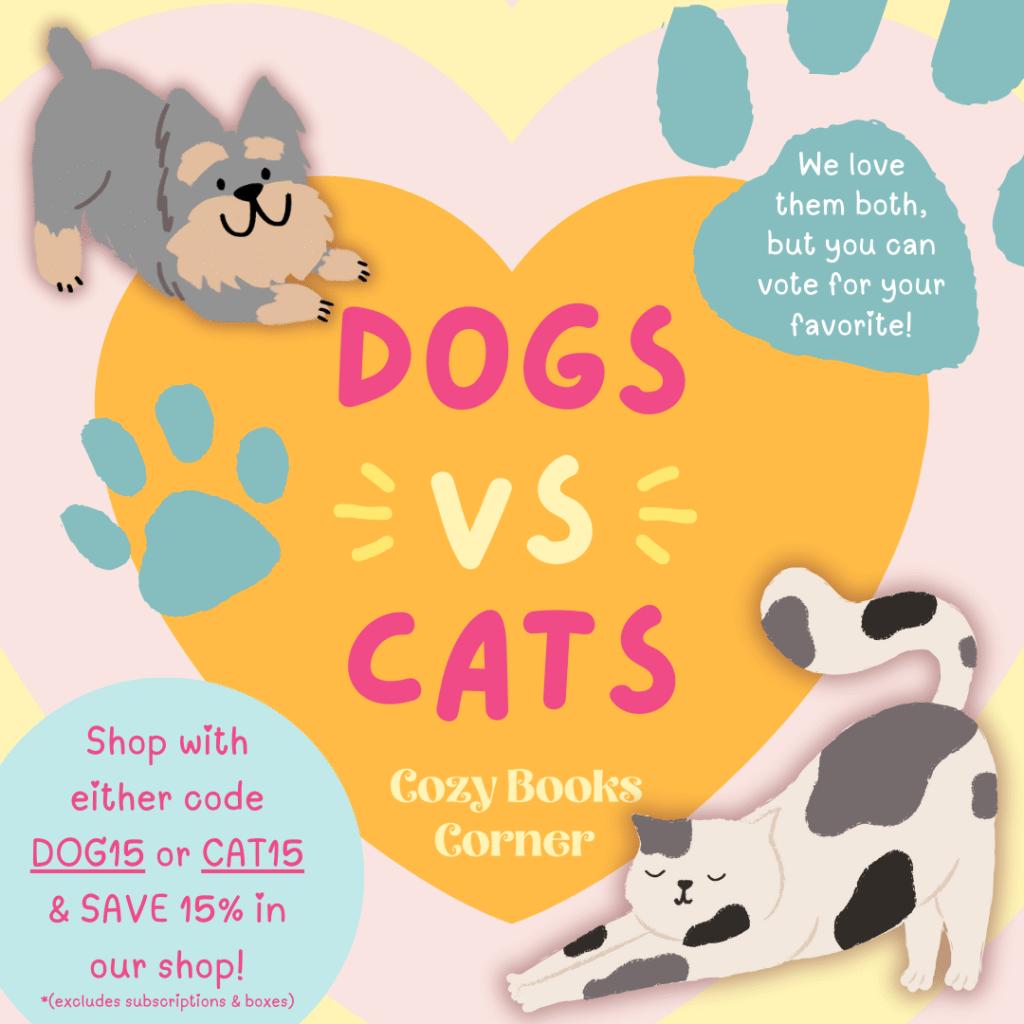 Colorful heart surrounded with paw prints and dogs and cats promoting pet themed book box