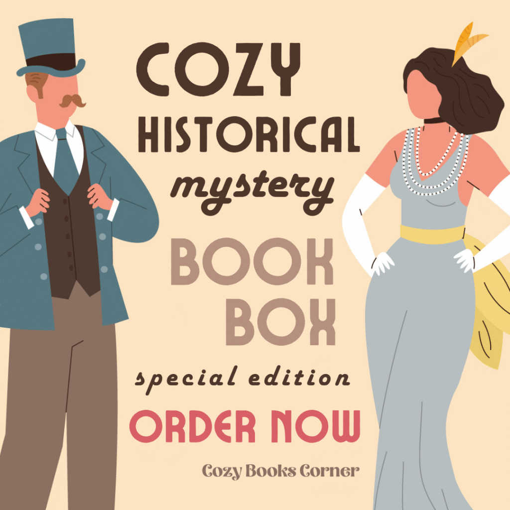 Two historical characters posting in front of advertisement for Cozy Mystery