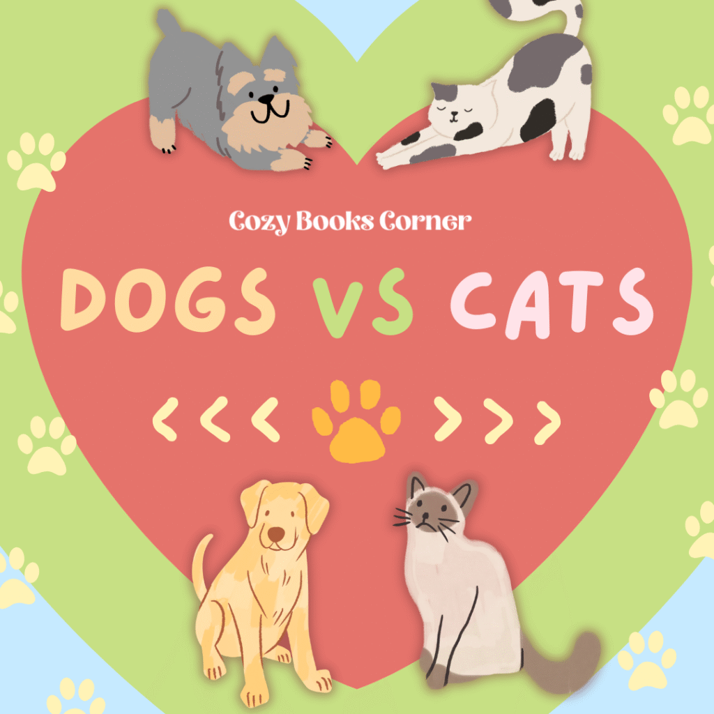 Colorful heart surrounded with paw prints and dogs and cats promoting pet themed book box