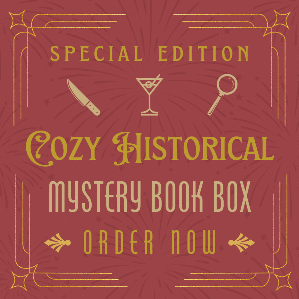 Red art deco style image with knife, cocktail, and magnifying glass icons and overlaid ad text