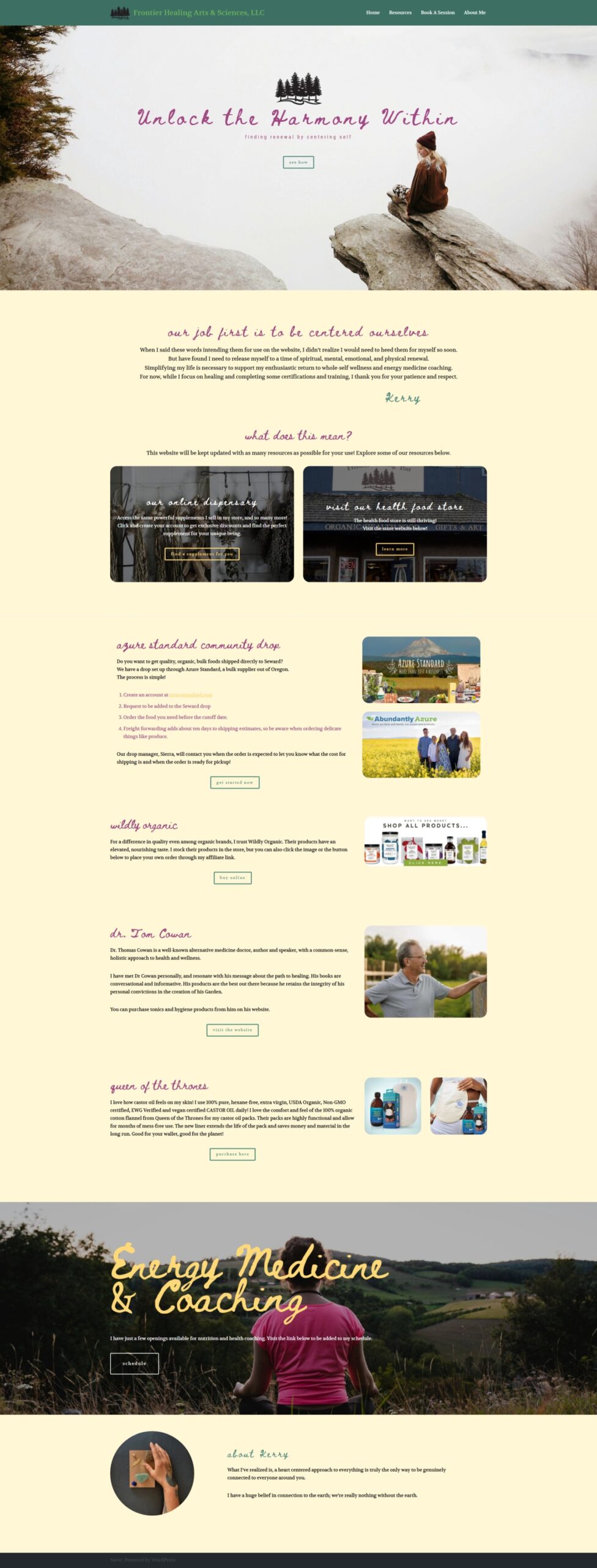 Homepage for a website about using natural sources and foods for inner healing