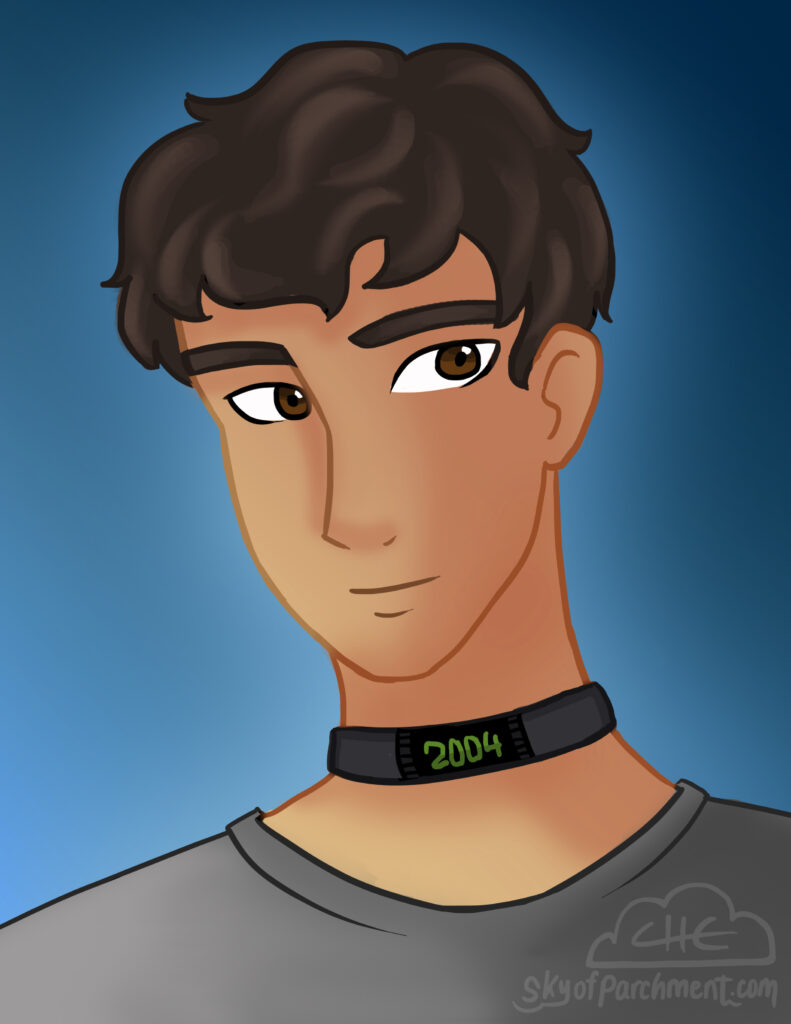 Brown haired boy with sci-fi digital collar with number.