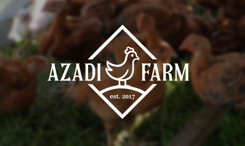 Azadi Farm logo with chickens in background
