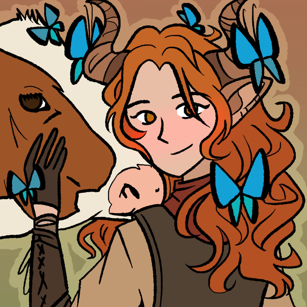 Girl with reddish hair and horns hugging a cow with blue butterflies landing on her
