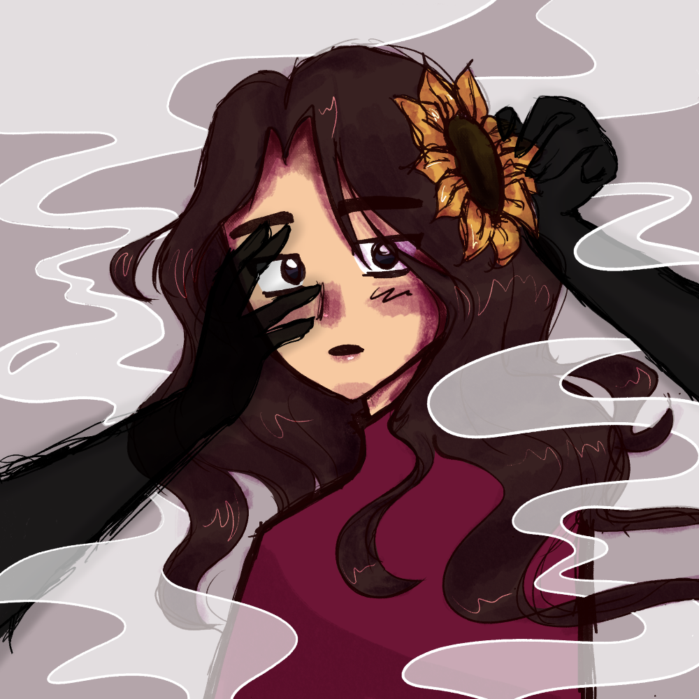 Girl with sunflower on head and smoke surrounding her mysteriously