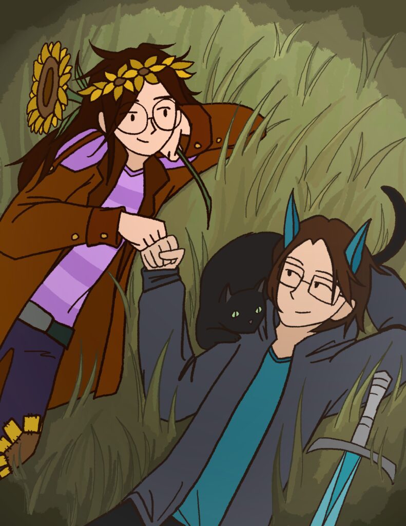 Two friends laying on a grass field with sunflowers and a cat