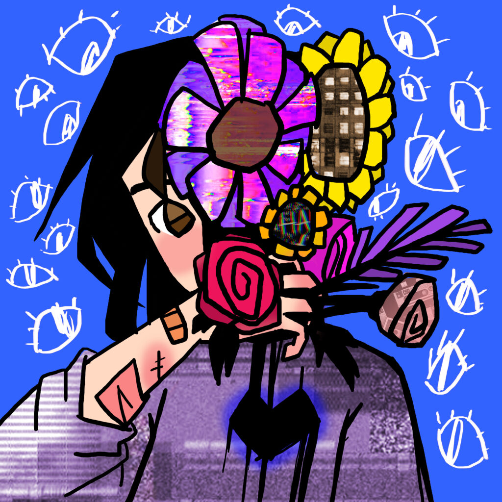 Girl holding a collage of flowers to face with eyes staring at her from all directions