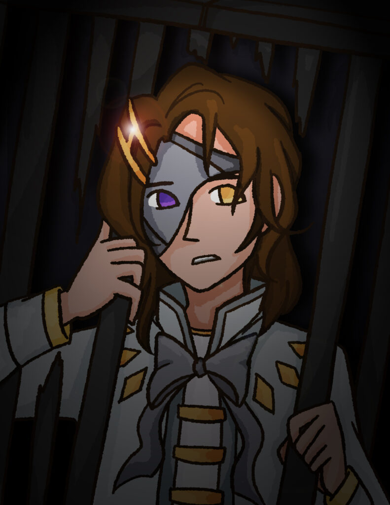 Fancily dressed guy breaking out of a cage in complete darkness