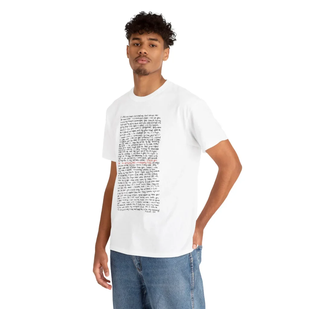 Male model wearing white shirt featuring Psalm 139 handwritten graphic