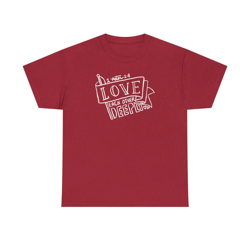 Banner and typography promoting love graphic on red tshirt