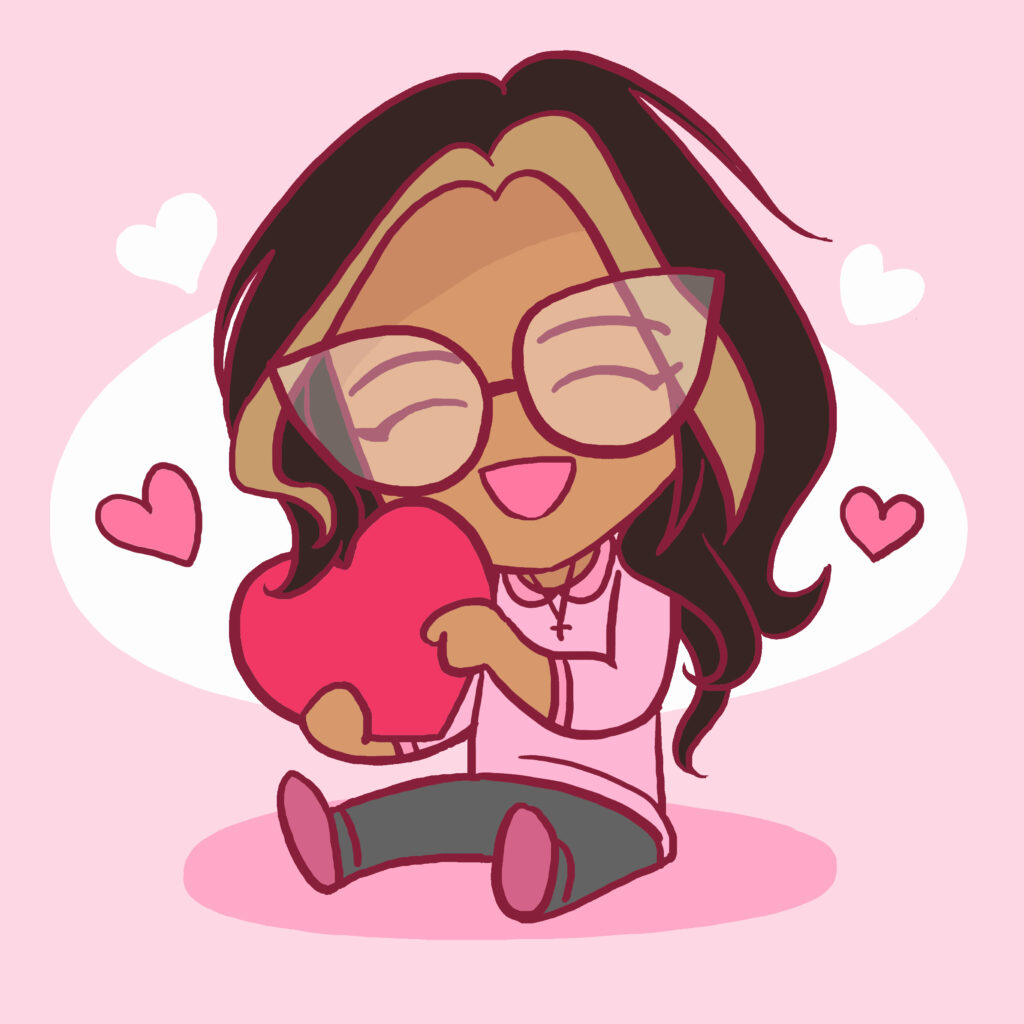 Chibi girl with pink outfit hugging a heart