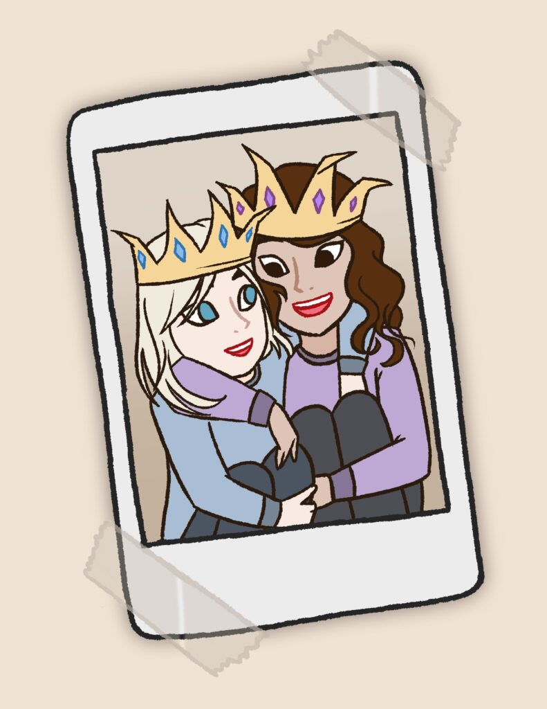 Drawing of a polaroid picture with two young girls hugging and wearing paper crowns