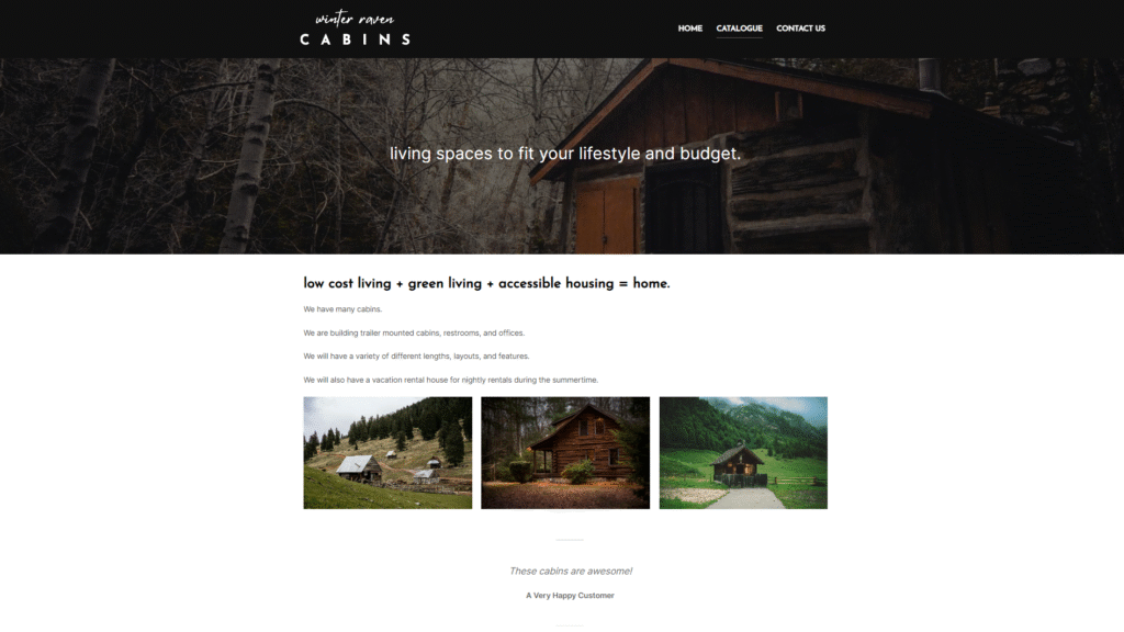 Catalogue page of Winter Raven Cabins photos of cabins in the forest
