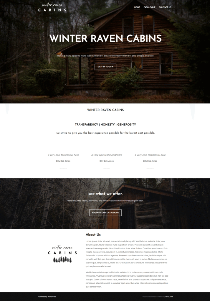 Homepage of Winter Raven Cabins with logo and photo of cabin in the forest