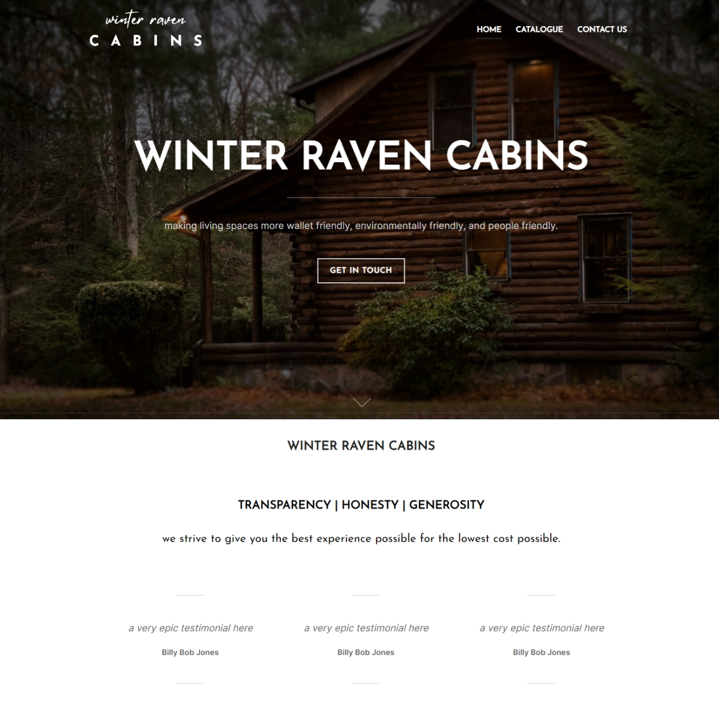 Homepage of Winter Raven Cabins with logo and photo of cabin in the forest web design example