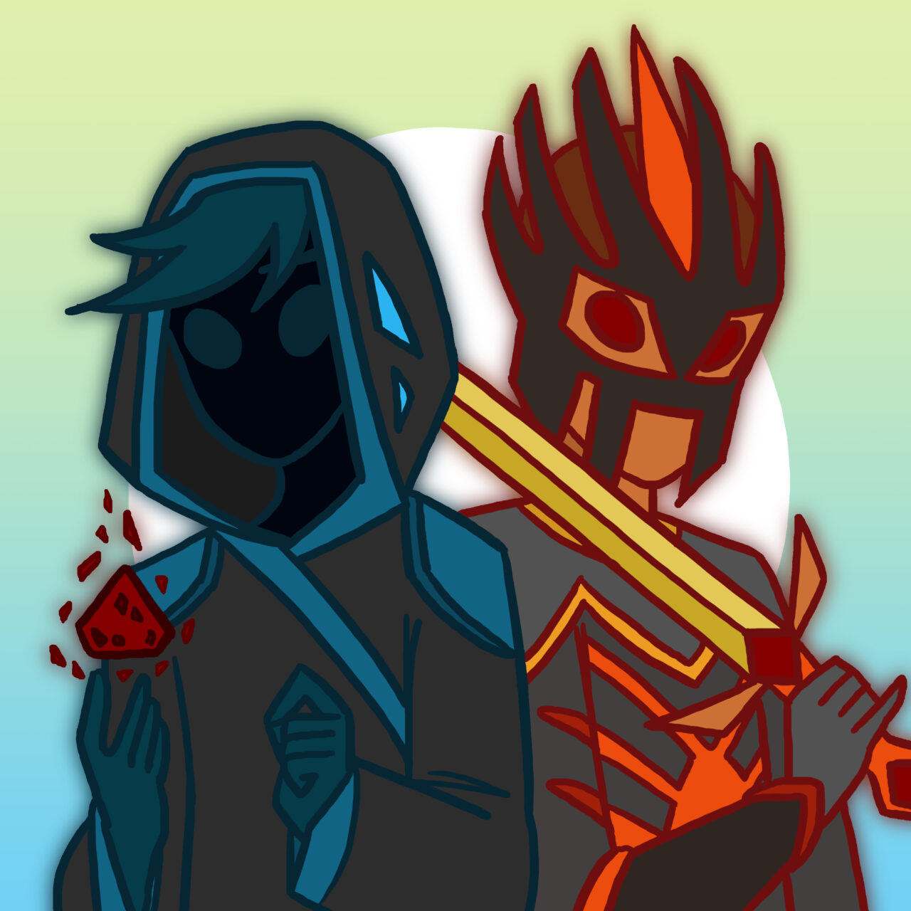 Blue hooded figure and masked red figure holding redstone and a sword