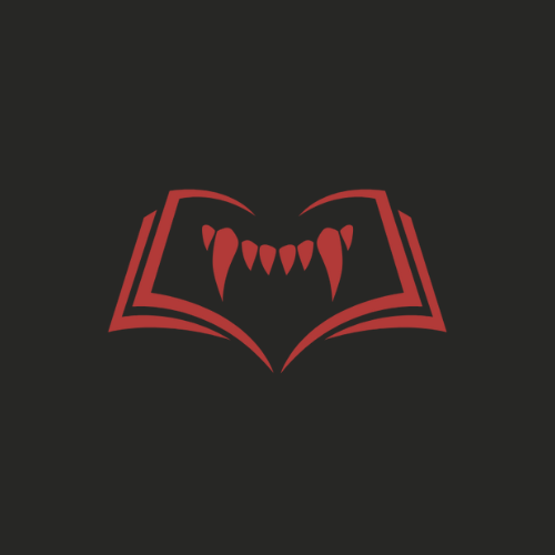 A red book with an icon of fangs inside of it on a gray background