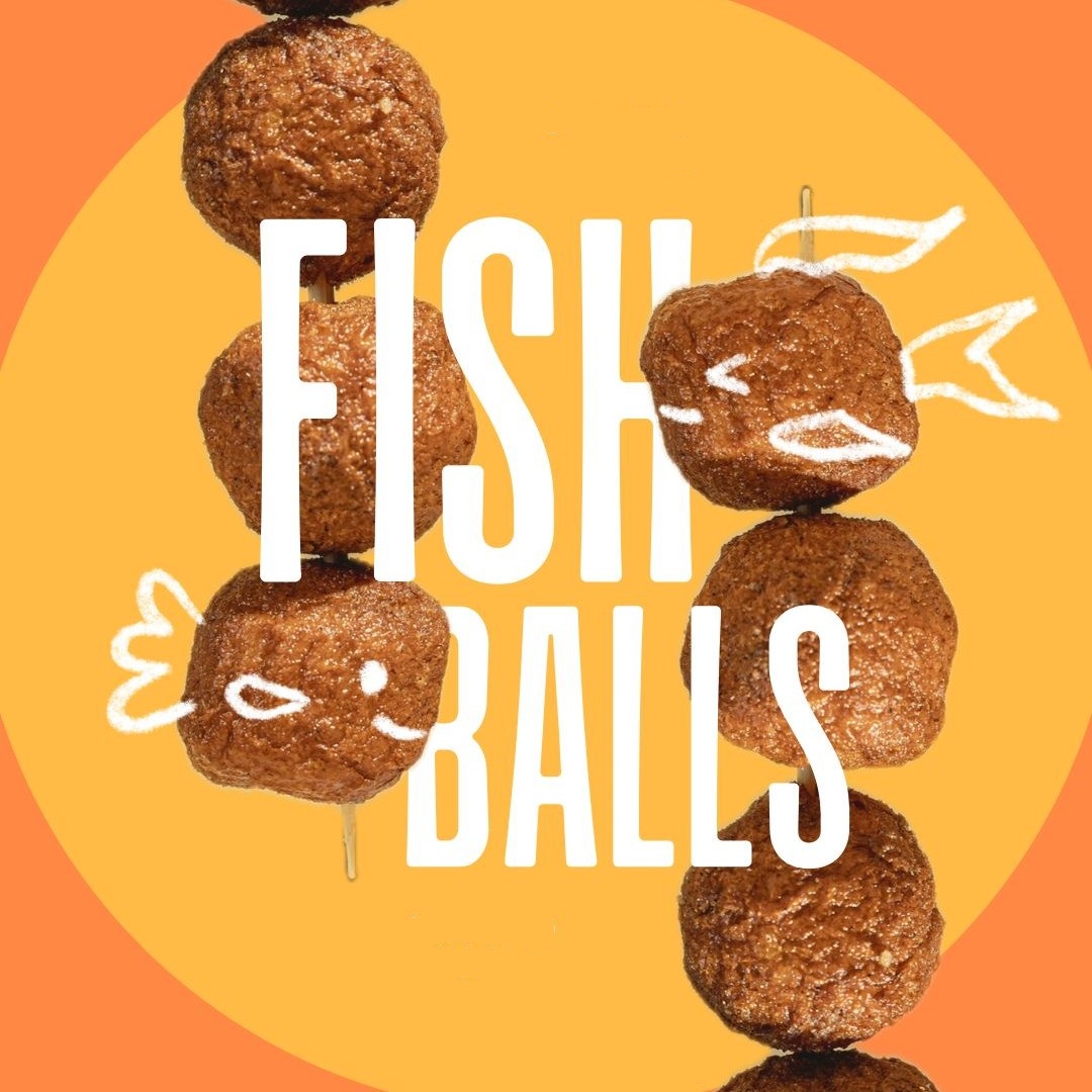 Two sticks of fishballs with doodle style graphics making them look like fish on an orange and yellow background